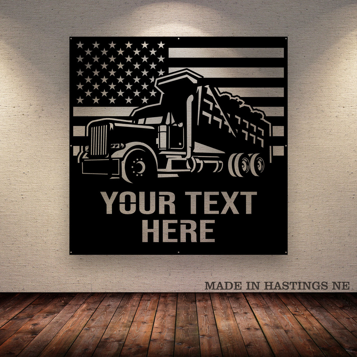Dump Truck - American Flag - Your Text - Metal Monogram Sign - Free Shipping