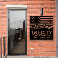 American Flag - Excavator, Dump Truck - Your Text - Metal Monogram Sign