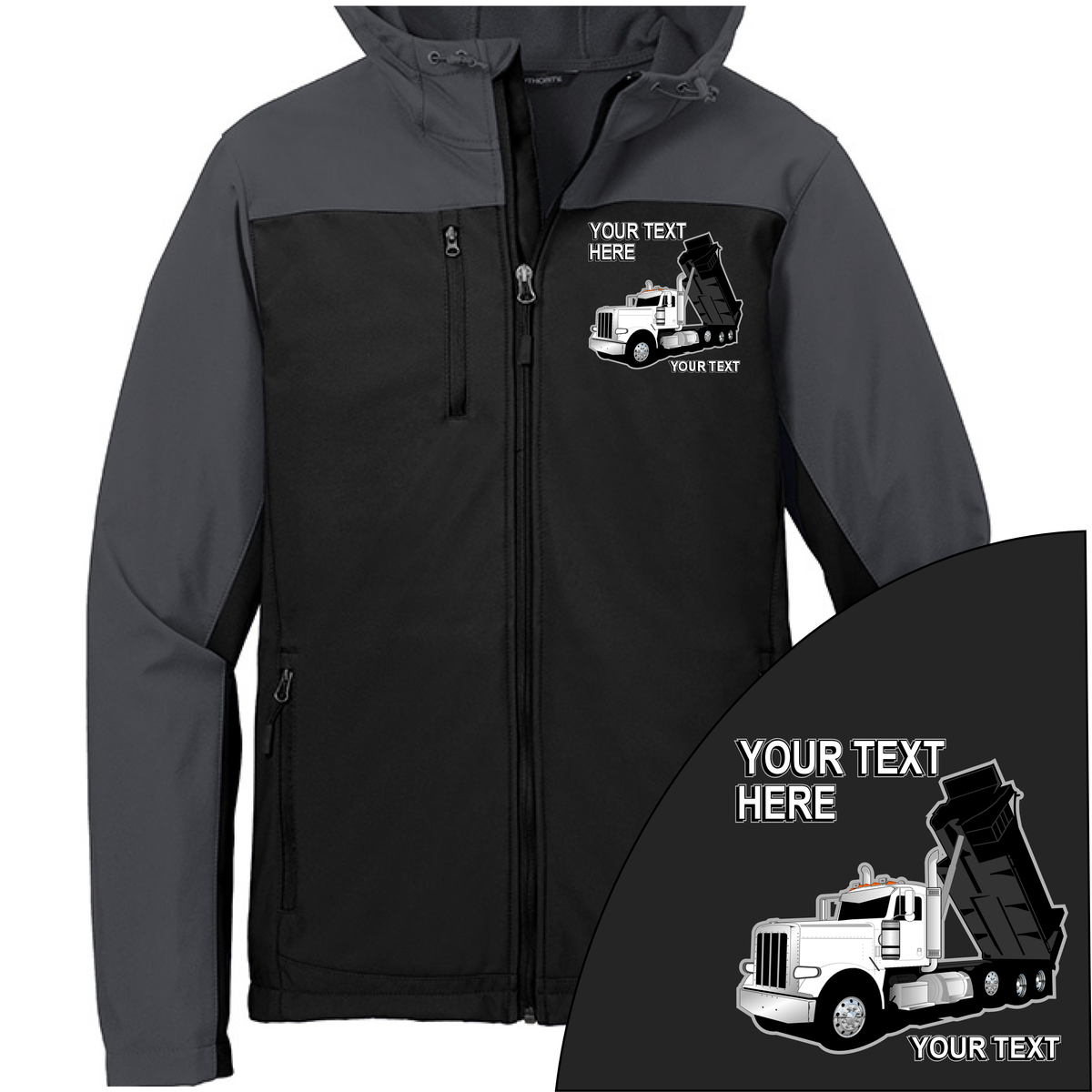 Peterbilt Dump Truck - Your Text Here - Port Authority Hooded Core Soft Shell Jacket -Free Shipping