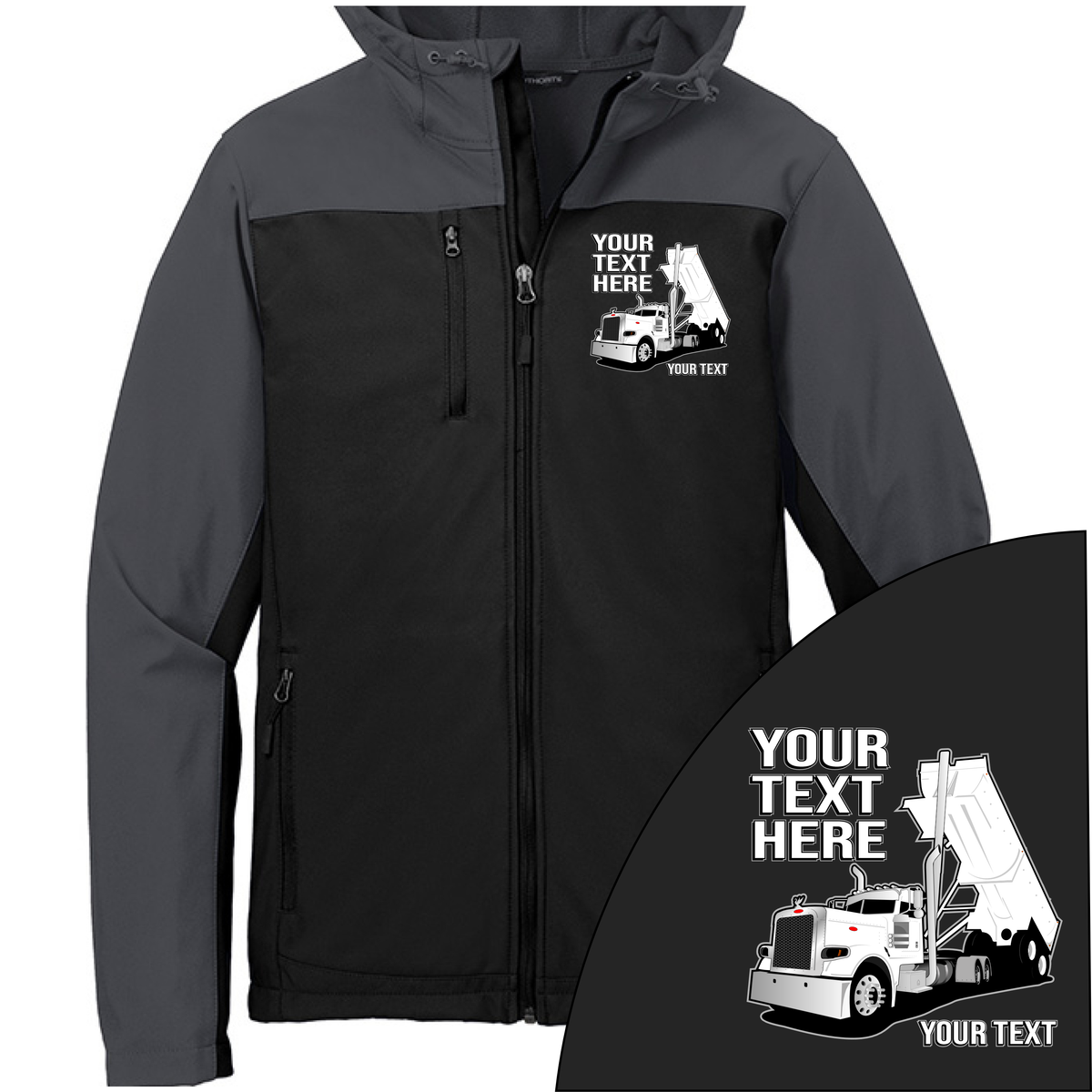 Peterbilt Day Cab  End Dump - Your Text Here - Port Authority Hooded Core Soft Shell Jacket -Free Shipping