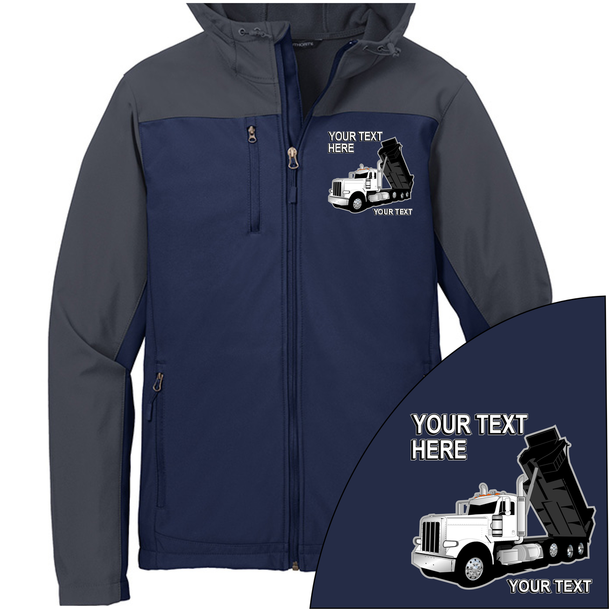 Peterbilt Dump Truck - Your Text Here - Port Authority Hooded Core Soft Shell Jacket -Free Shipping
