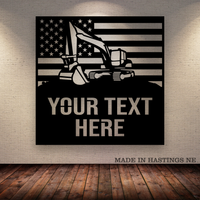 American Flag - Excavator - Your Text - Metal Monogram Sign
