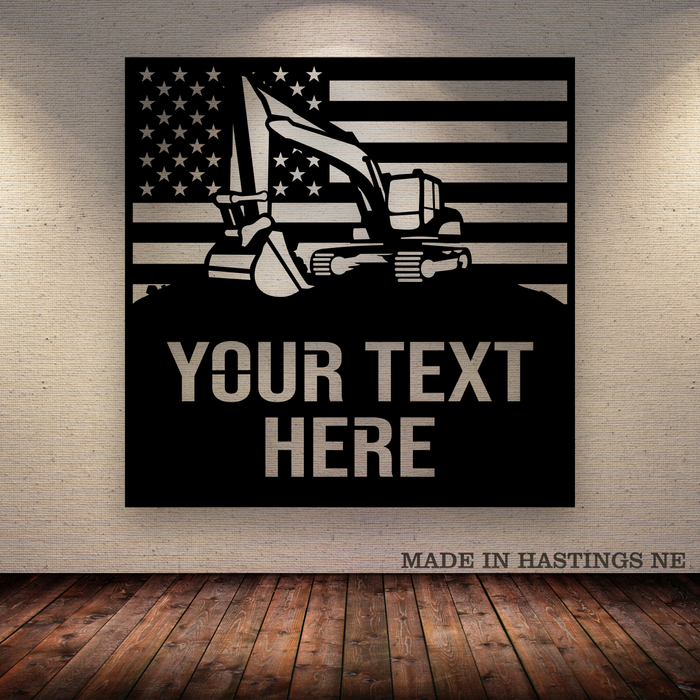 American Flag - Excavator - Your Text - Metal Monogram Sign