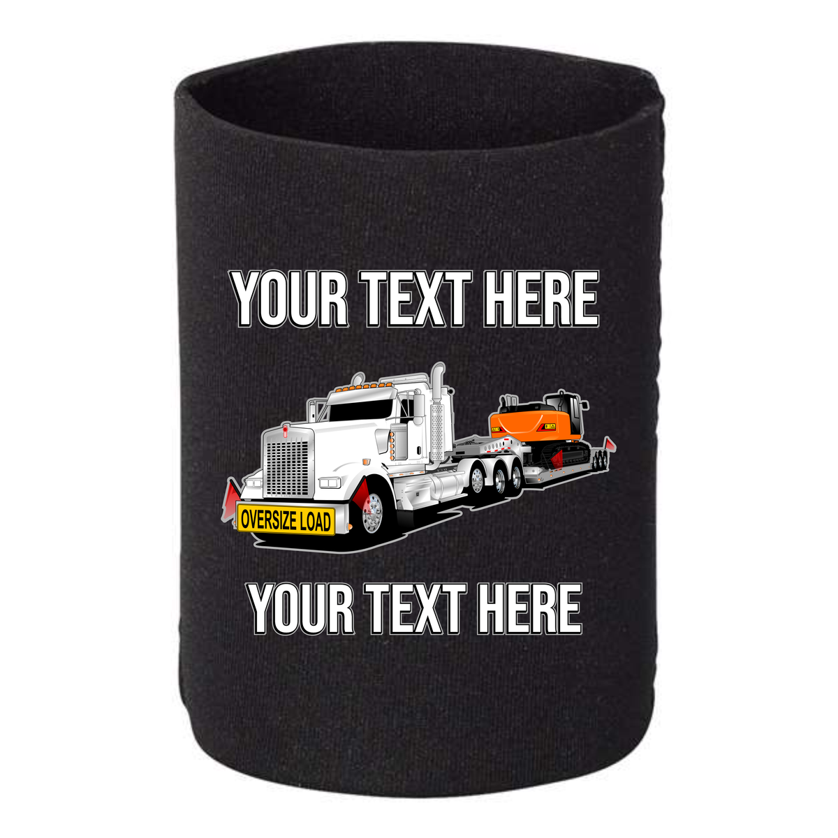 Kenworth W990 Lowboy Excavator - 1 DOZEN Can Cooler Koozies - Your Text Here - Free Shipping