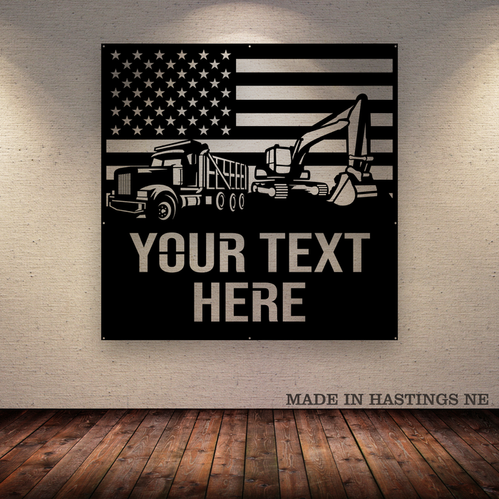 American Flag - Excavator, Dump Truck - Your Text - Metal Monogram Sign