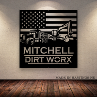 American Flag - Excavator, Dump Truck - Your Text - Metal Monogram Sign