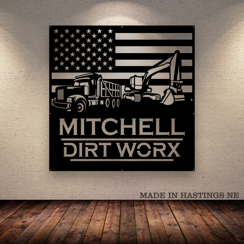 American Flag - Excavator, Dump Truck - Your Text - Metal Monogram Sign