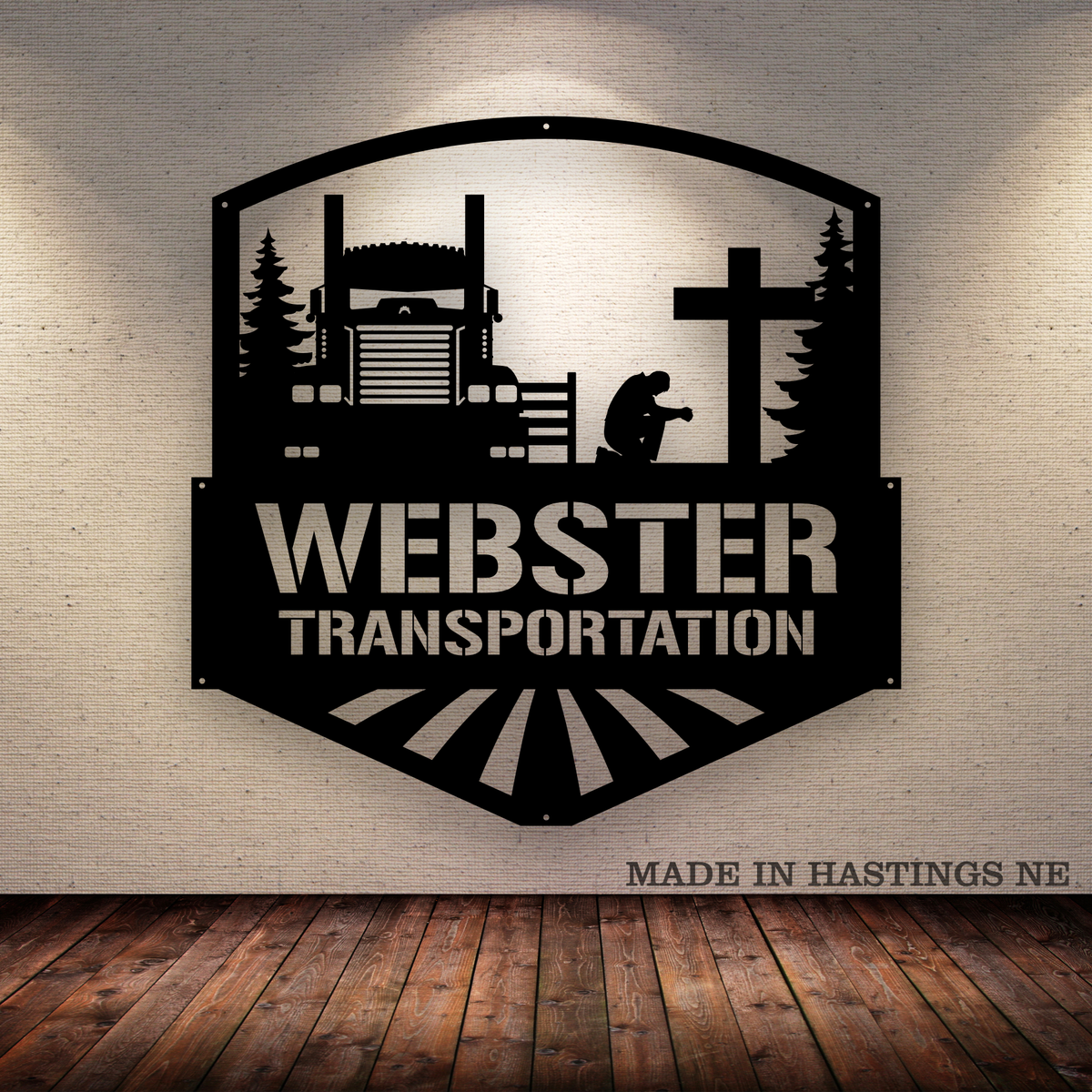 Kenworth W900 Trucker Kneeling at Cross Metal Monogram Sign - Free Shipping