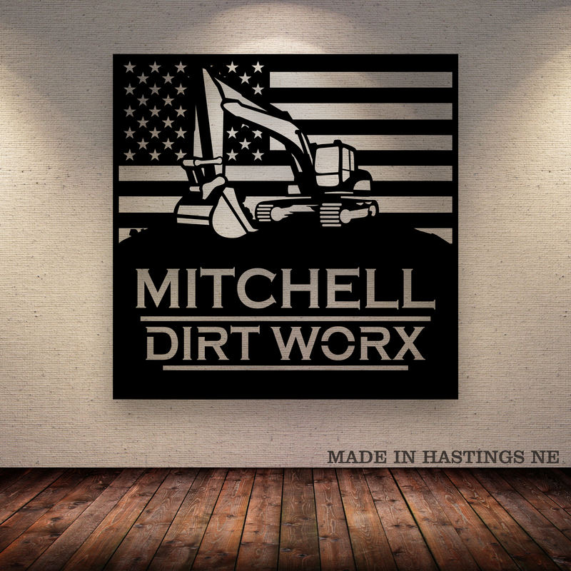 American Flag - Excavator - Your Text - Metal Monogram Sign