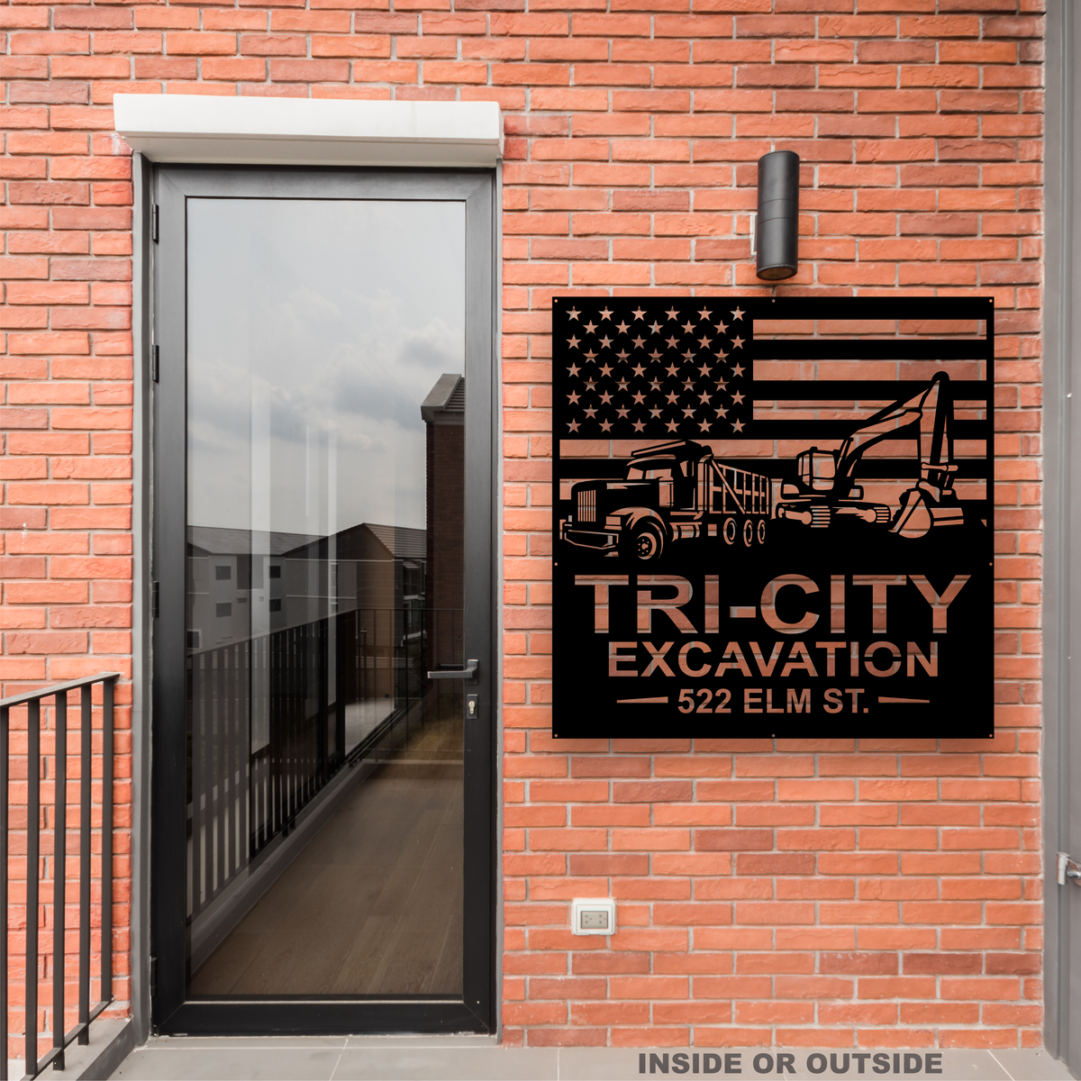 American Flag - Excavator, Dump Truck - Your Text - Metal Monogram Sign
