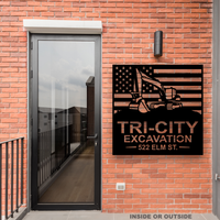 American Flag - Excavator - Your Text - Metal Monogram Sign