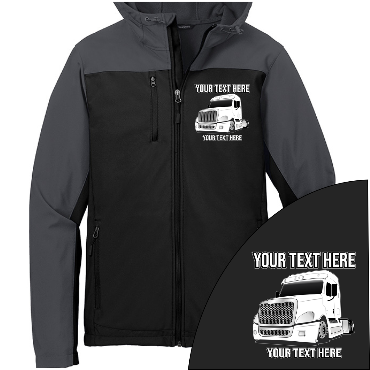 Freightliner Cascadia Full Truck - Your Text Here - Port Authority Hooded Core Soft Shell Jacket  - Free Shipping