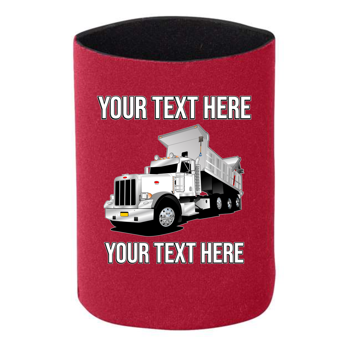 Peterbilt 389 Dump Truck - 1 DOZEN Can Cooler Koozies - Your Text Here - Free Shipping