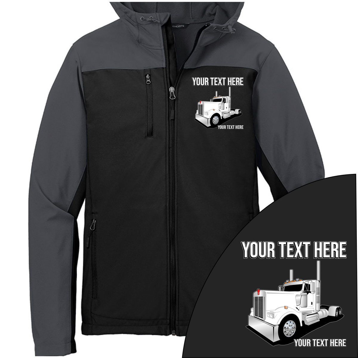 Kenworth W900 Day Cab - Your Text Here - Port Authority Hooded Core Soft Shell Jacket -Free Shipping