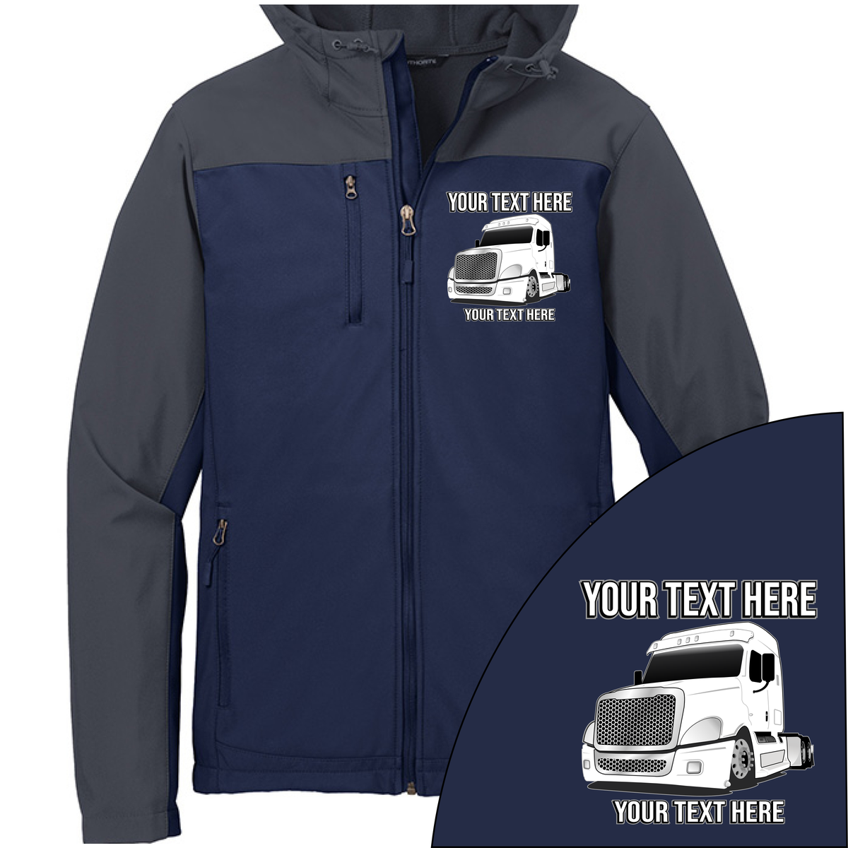 Freightliner Cascadia Full Truck - Your Text Here - Port Authority Hooded Core Soft Shell Jacket  - Free Shipping