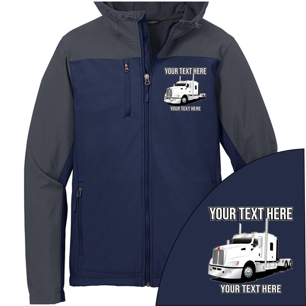 Kenworth T600 Full Truck - Your Text Here - Port Authority Hooded Core Soft Shell Jacket  - Free Shipping