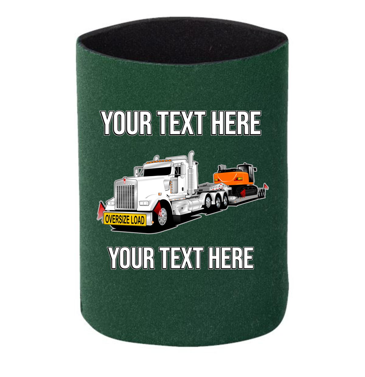 Kenworth W990 Lowboy Excavator - 1 DOZEN Can Cooler Koozies - Your Text Here - Free Shipping