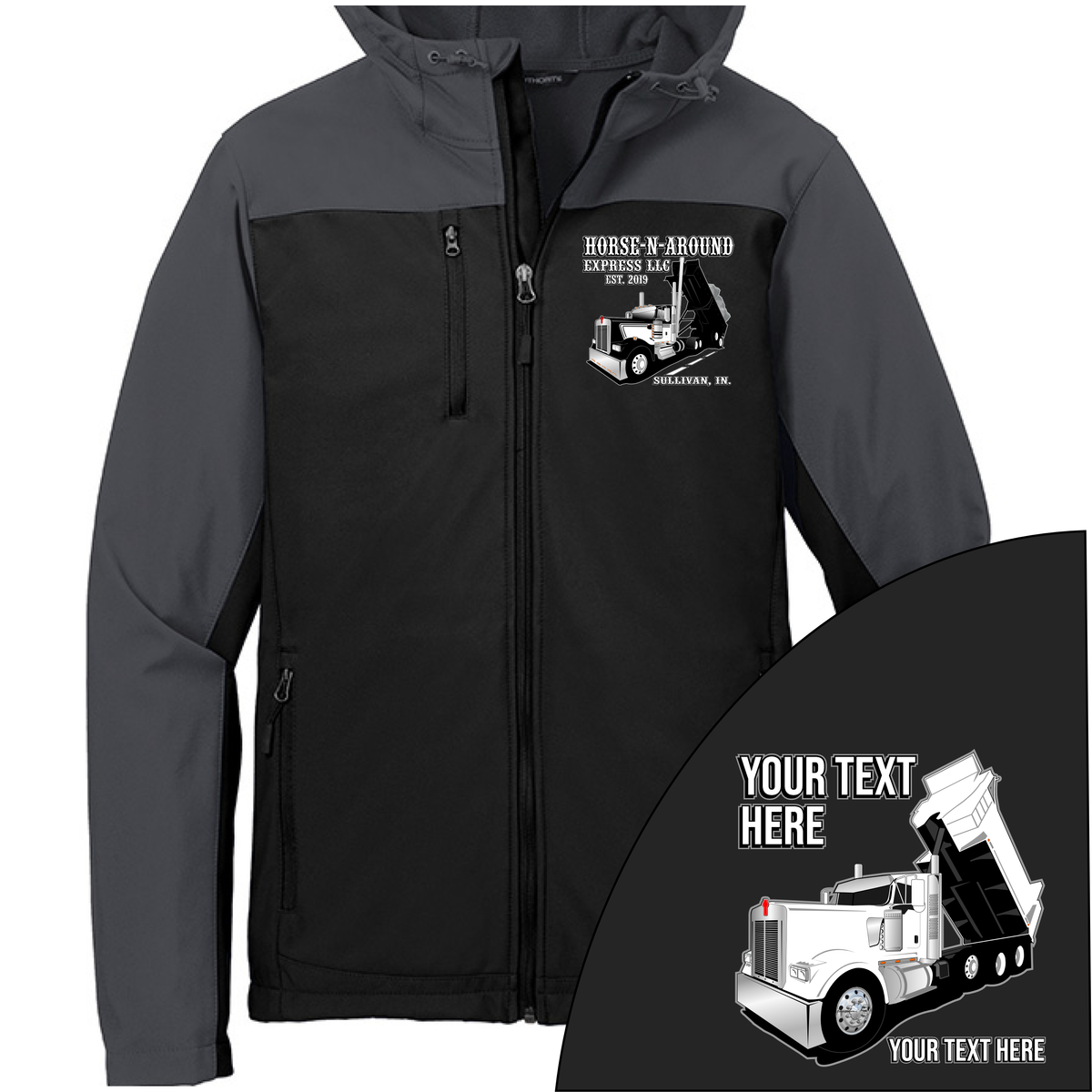Kenworth W900 Dump Truck - Your Text Here - Port Authority Hooded Core  Soft Shell Jacket  -Free Shipping
